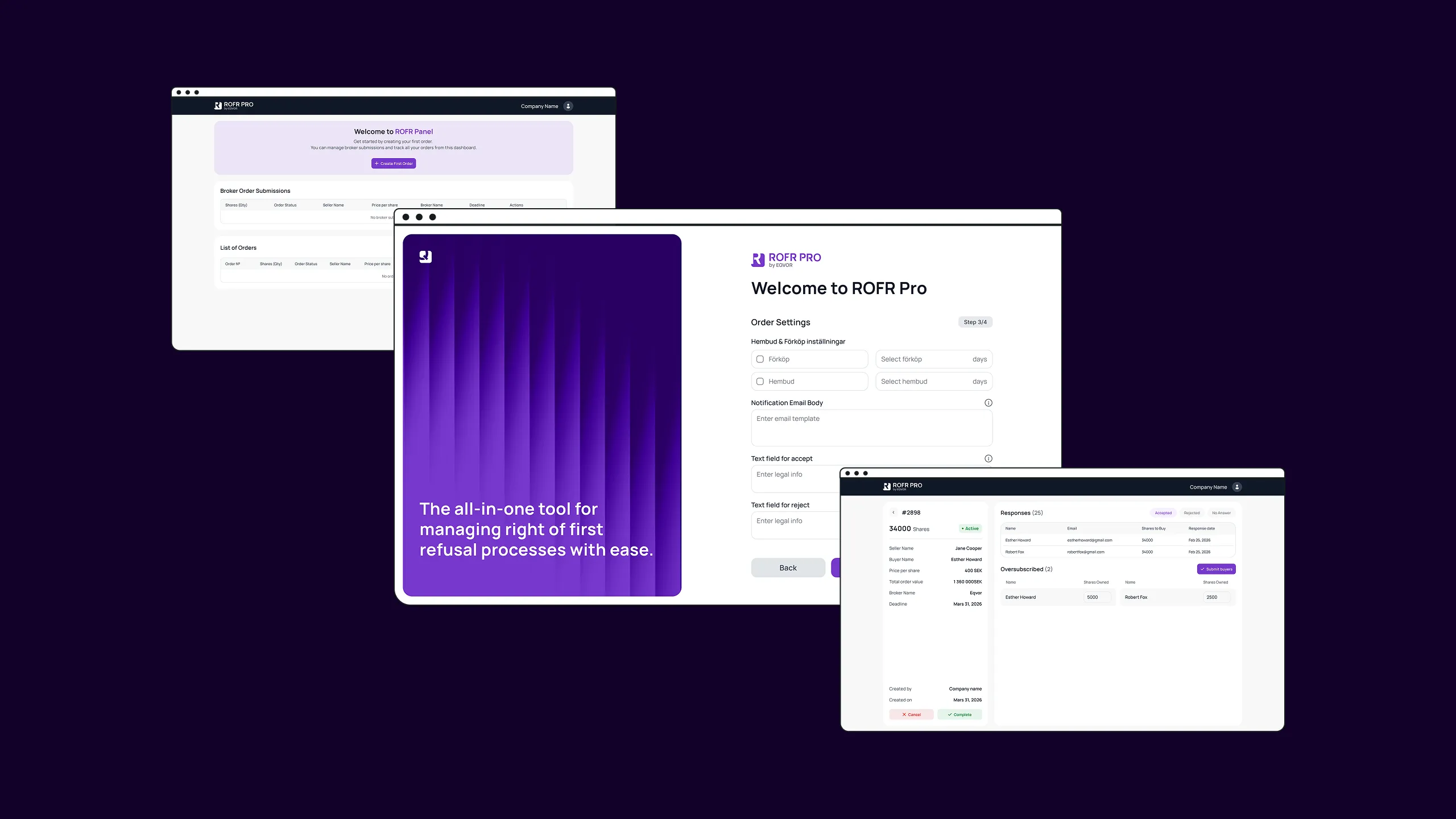 ROFR Pro product screens